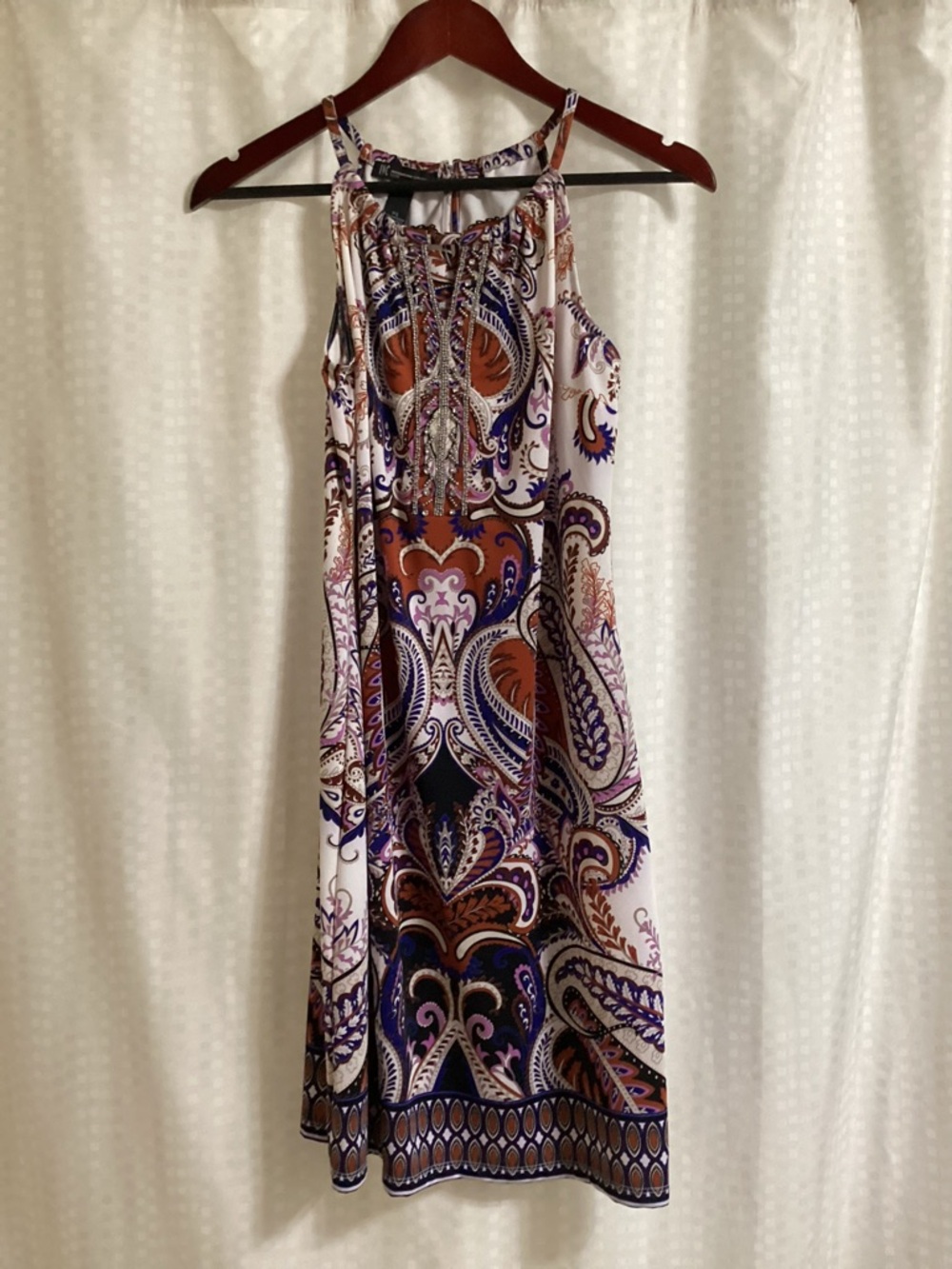 INC International Concepts Paisley Halter Midi Dress in White, Purple & Brown